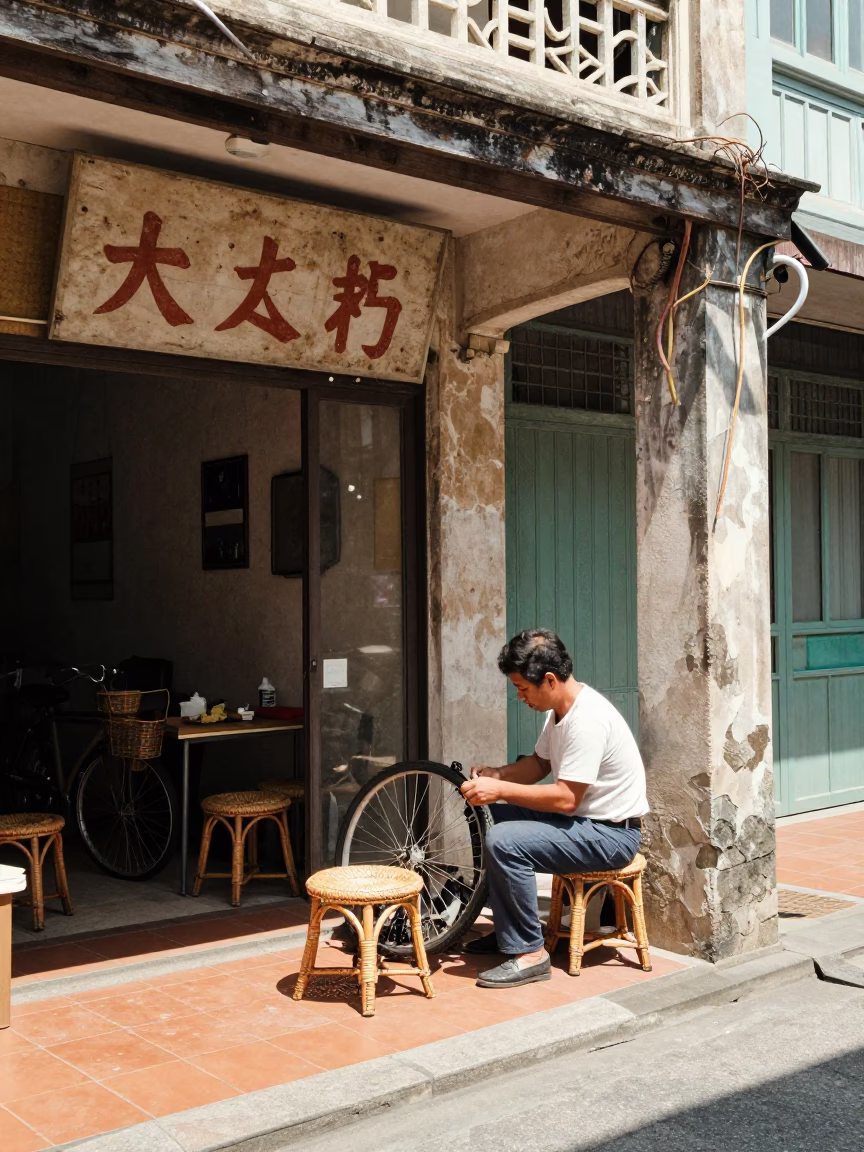 Colorful 1970s Tainan Street Scene with Rattan Stool and Daily Life in in Tainan, Taiwan