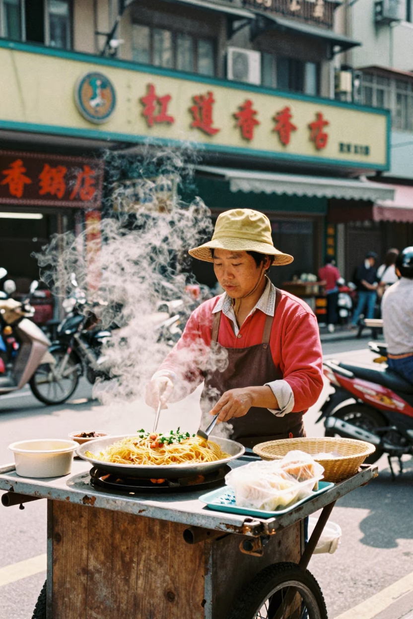 Colorful 1970s Taipei Street Scene with Glass Noodles and Vintage Crate in in Taipei, Taiwan