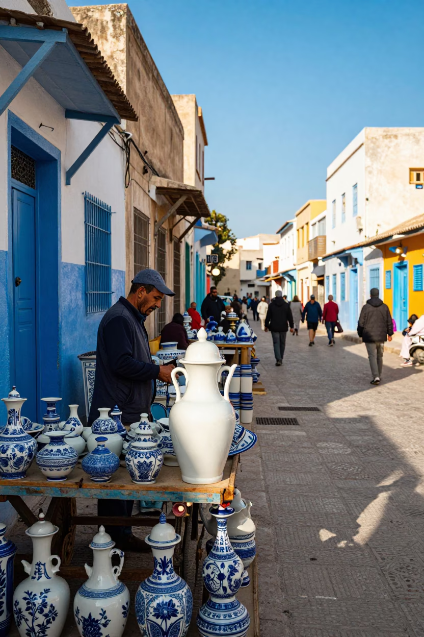 Colorful 1970s Tunis Street Scene with Blue Porcelain and Rolling Carts in in Tunis, Tunisia