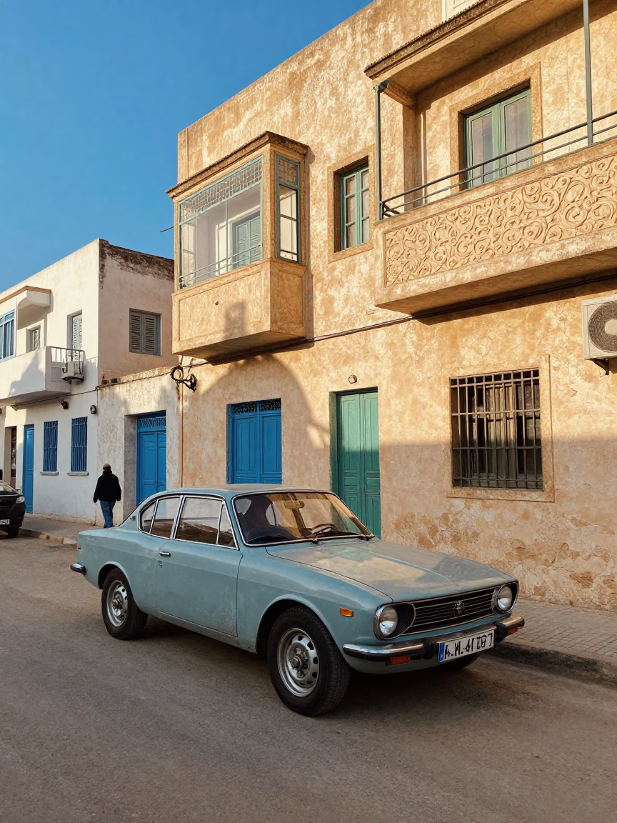 Colorful 1970s Tunis Street Scene with Vintage Car and Fountain Pen in in Tunis, Tunisia