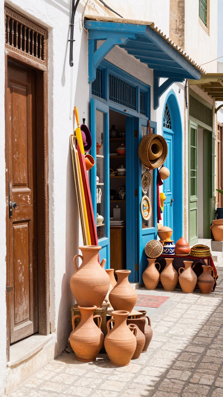Colorful 1970s Tunisian Street Scene with Clay Pot and Tea Towel in in Tunis, Tunisia