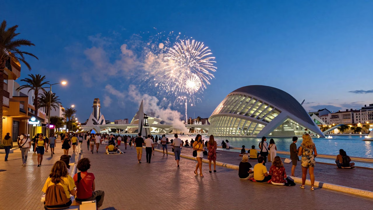Colorful 1970s Valencia Evening Street Scene with Fireworks Over the Harbor at Blue Hour in in Valencia, Spain
