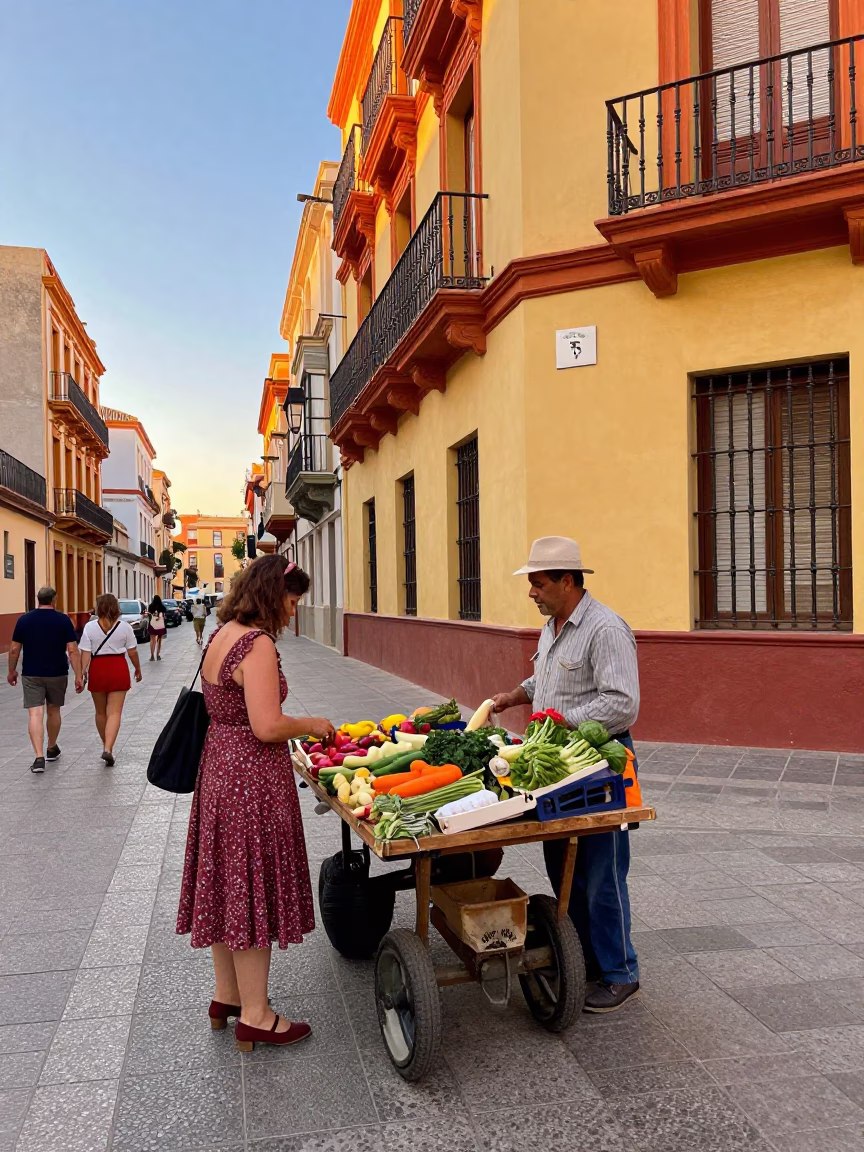 Colorful 1970s Valencia Street Scene with Shoppers and Vintage Details in in Valencia, Spain