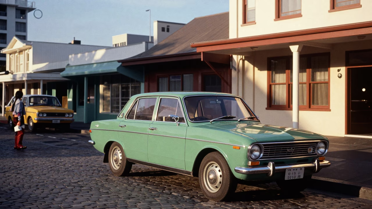 Colorful 1970s Wellington Street Scene with Vintage Car and Sate Skewers in in Wellington, New Zealand