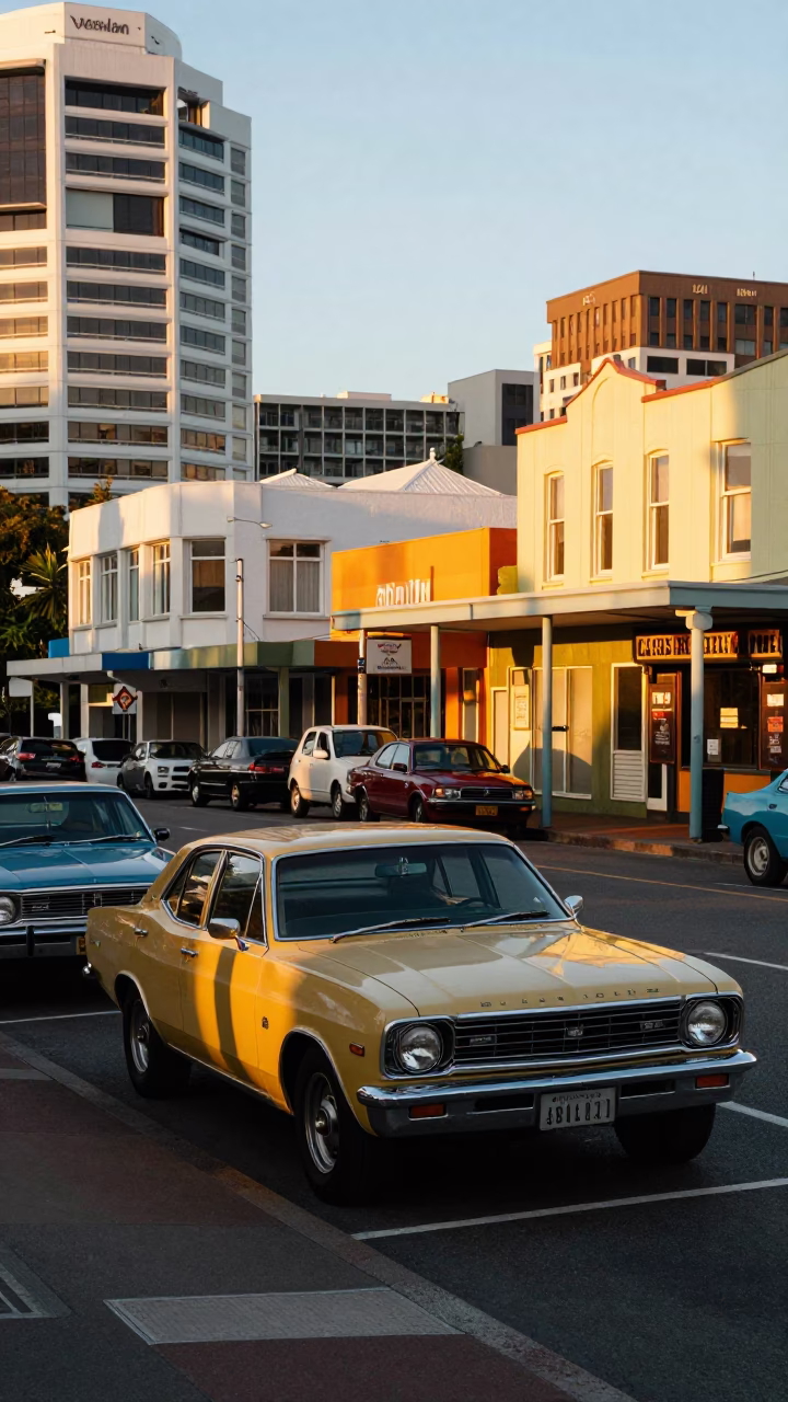 Colorful 1970s Wellington Street Scene with Vintage Cars and Sunset Light in in Wellington, New Zealand