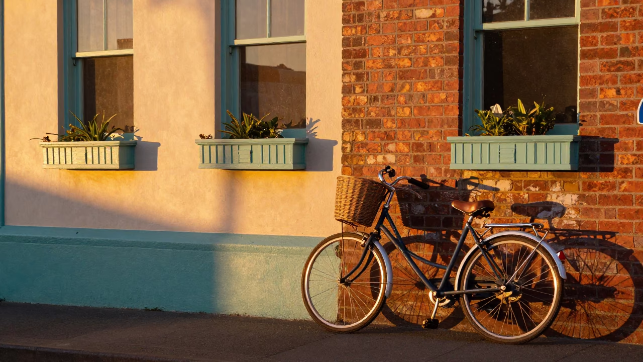 Colorful 1970s Wellington Sunset Street Scene with Window Boxes and Vintage Bicycle in in Wellington, New Zealand