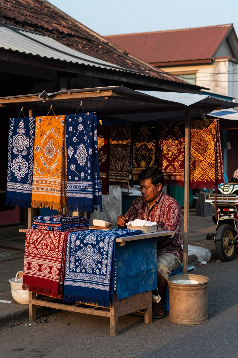 Colorful 1970s Yogyakarta Street Scene with Batik Vendor and Paper Fan in in Yogyakarta, Indonesia