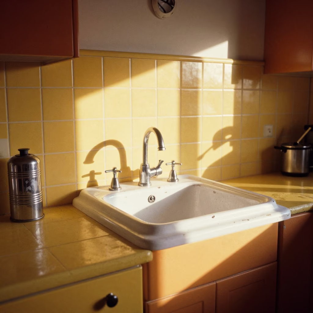 Colorful 1980s Adelaide Kitchen Scene with Worn Varnish and Soap Streaks in in Adelaide, South Australia, Australia