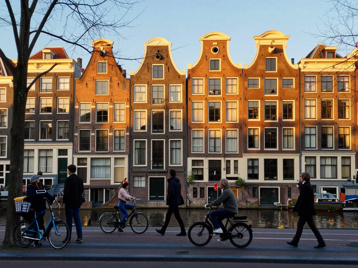 Colorful 1980s Amsterdam Street Scene with Canal Houses and Vintage Bicycles in in Amsterdam, Netherlands