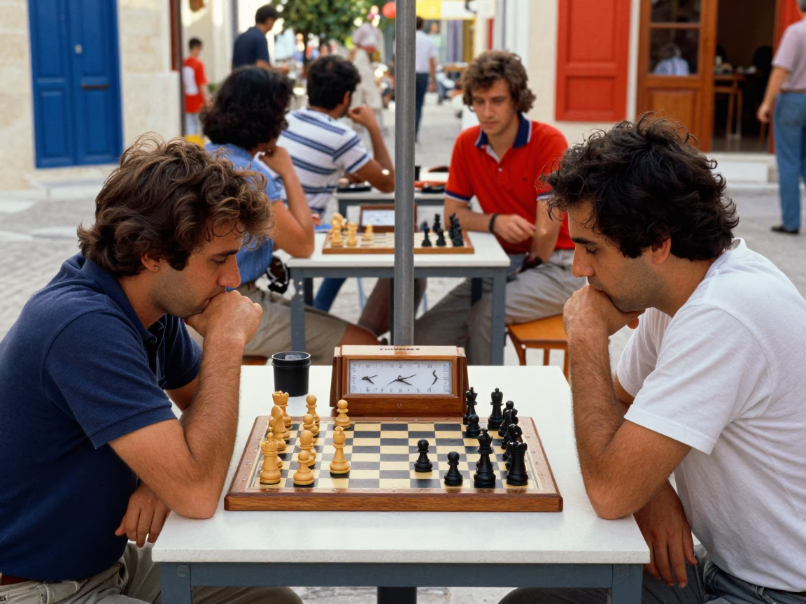 Colorful 1980s Athens Street Scene with Chess Clock and School Gym in in Athens, Greece