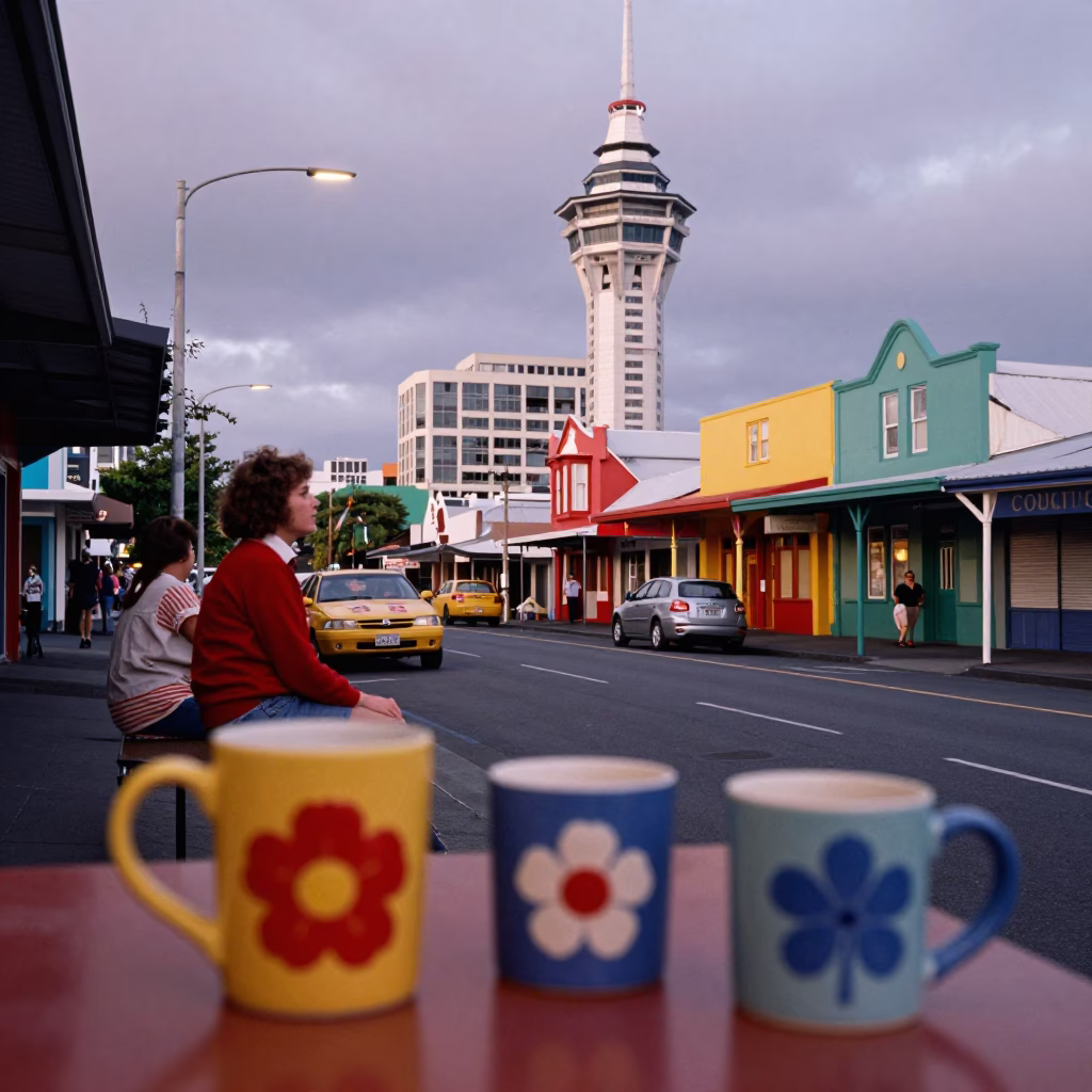 Colorful 1980s Auckland Street Scene with Ceramic Mugs and Peonies in in Auckland, New Zealand
