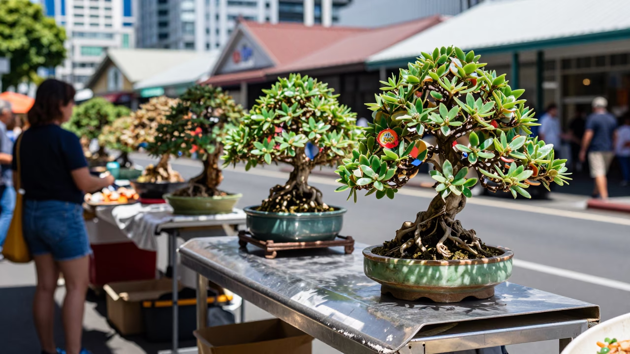 Colorful 1980s Auckland Street Scene with Jade Bonsai and Steel Countertop in in Auckland, New Zealand