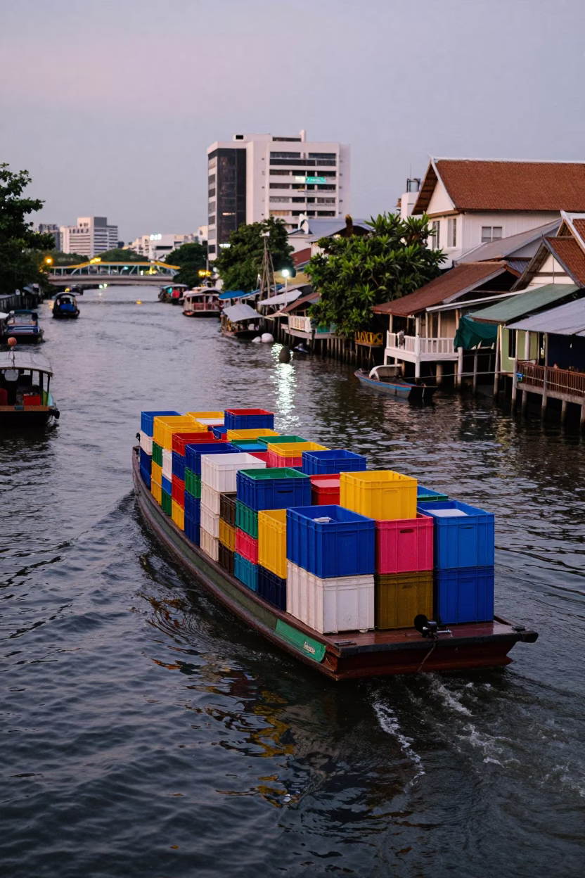 Colorful 1980s Bangkok Canal Barge Loaded with Cargo at Twilight in in Bangkok, Thailand