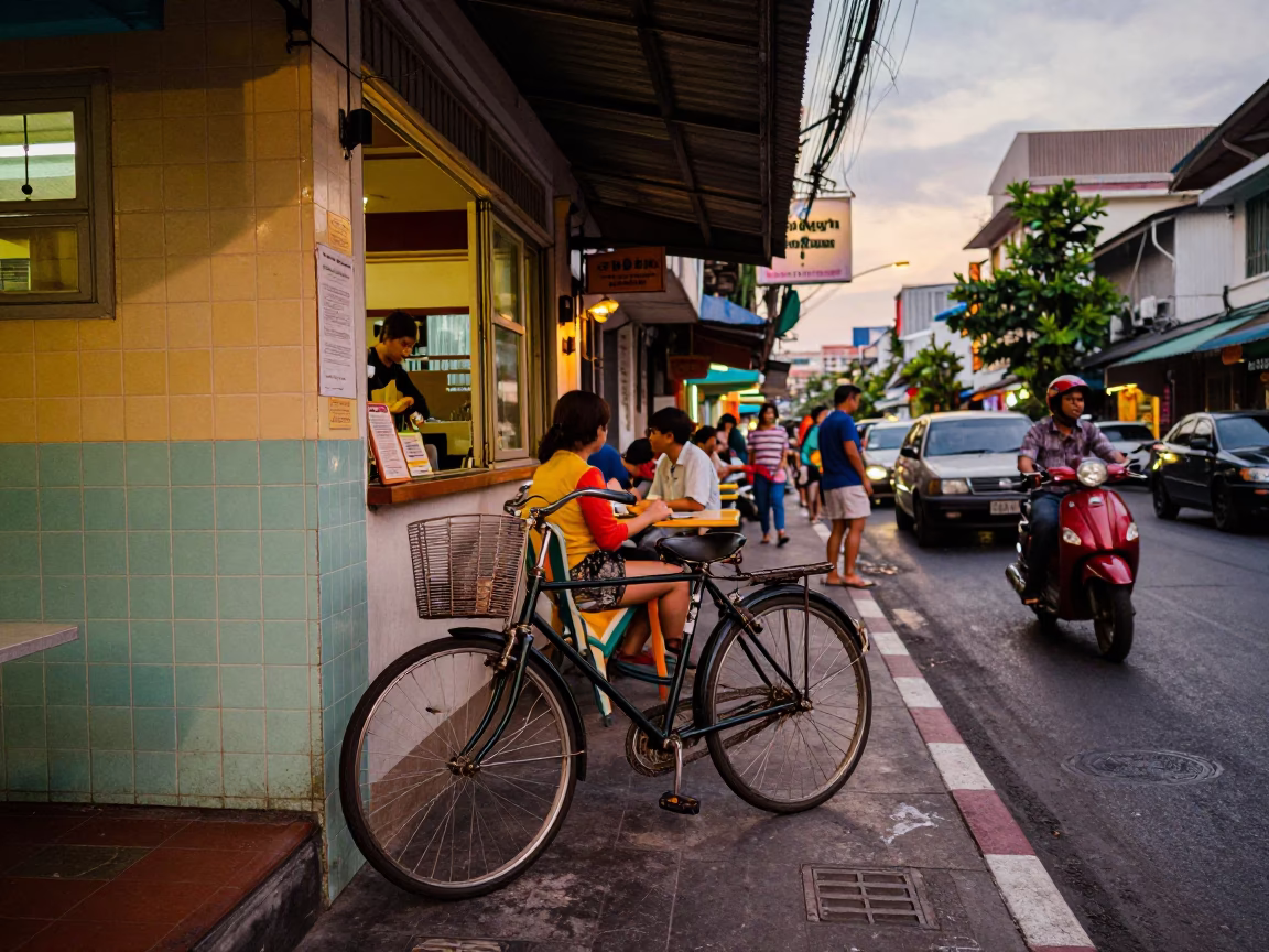 Colorful 1980s Bangkok Evening Street Scene with Bicycle and Local Activity in in Bangkok, Thailand