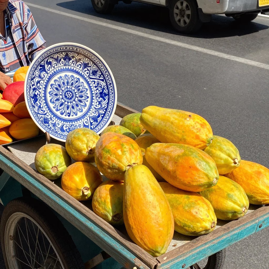 Colorful 1980s Bangkok Street Scene with Papayas and Vintage Majolica Plate in in Bangkok, Thailand
