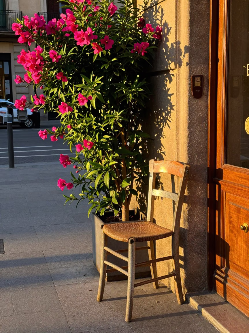 Colorful 1980s Barcelona Street Scene with Gardenia Bush and Brass Details in in Barcelona, Spain