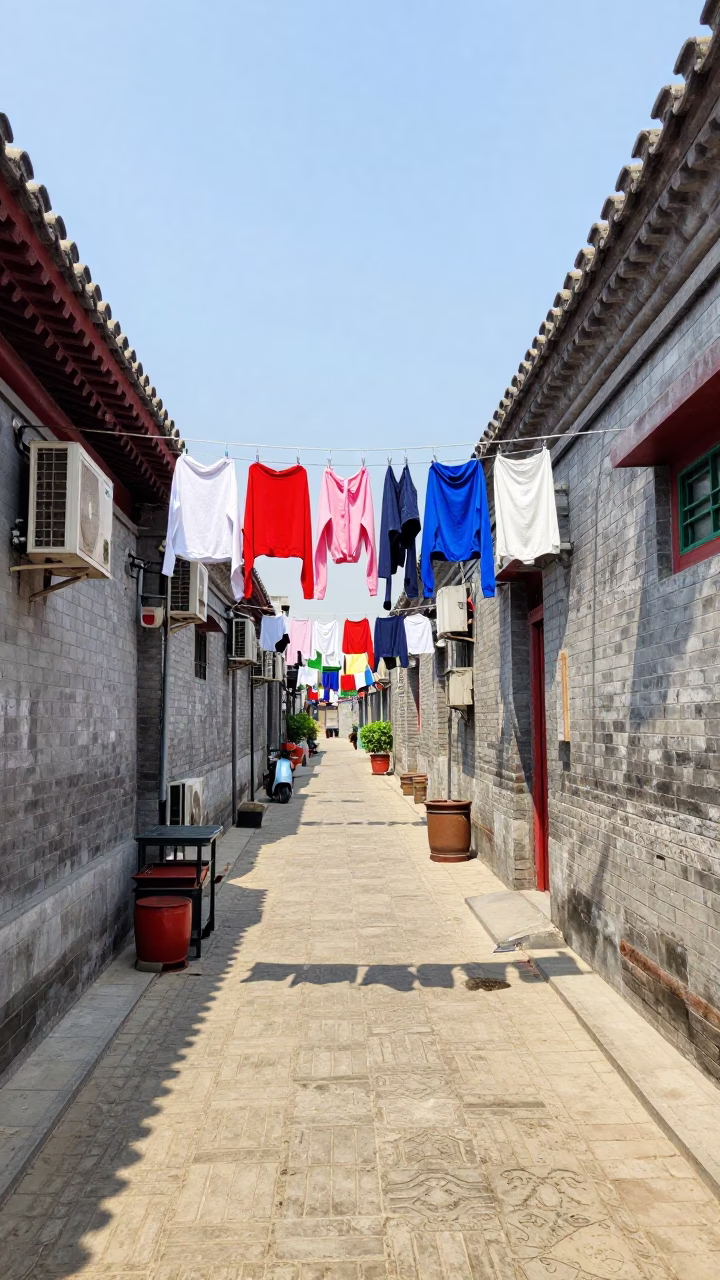 Colorful 1980s Beijing Street Scene with Laundry Lines and Traditional Architecture in in Beijing, China