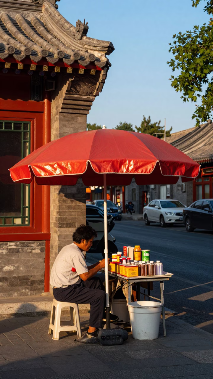 Colorful 1980s Beijing Street Scene with Red Parasol and Electric Kettle Vendor in in Beijing, China