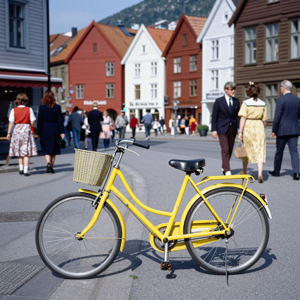 Colorful 1980s Bergen Norway Street Scene with Vintage Bicycle and Bakery in in Bergen, Norway