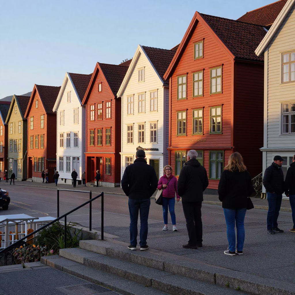 Colorful 1980s Bergen Norway Street Scene with Vintage Stair Rail and Clear Glass Details in in Bergen, Norway