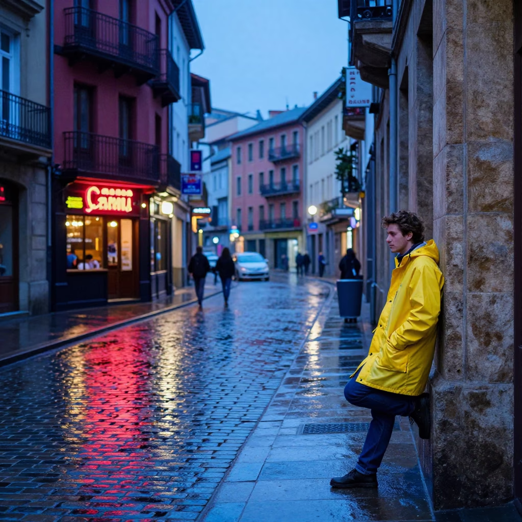 Colorful 1980s Bilbao Street Scene at Nautical Dawn with Vintage Details in in Bilbao, Spain