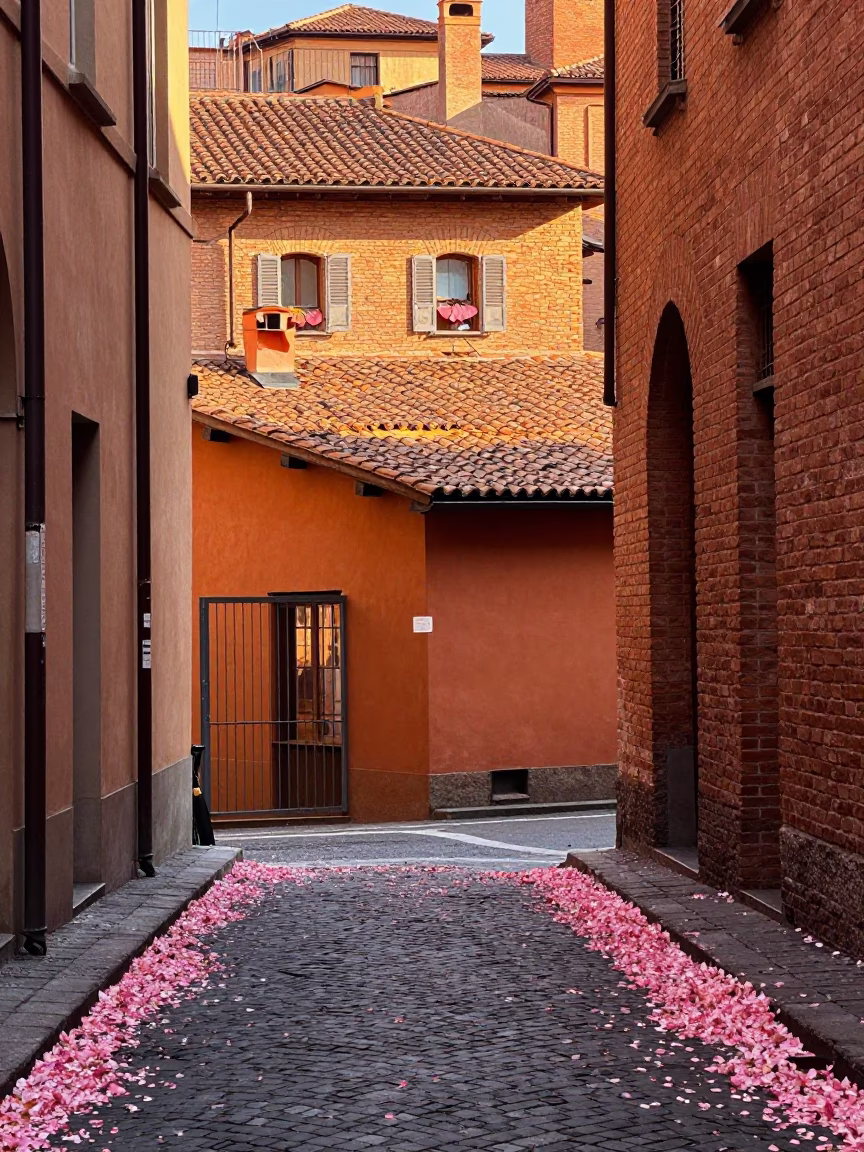 Colorful 1980s Bologna Street Scene with Fallen Petals and Historic Architecture in in Bologna, Italy