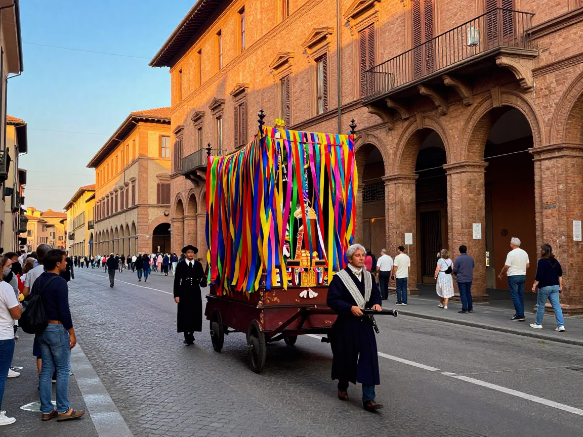 Colorful 1980s Bologna Street Scene with Processional Float and Narrow Streets in in Bologna, Italy