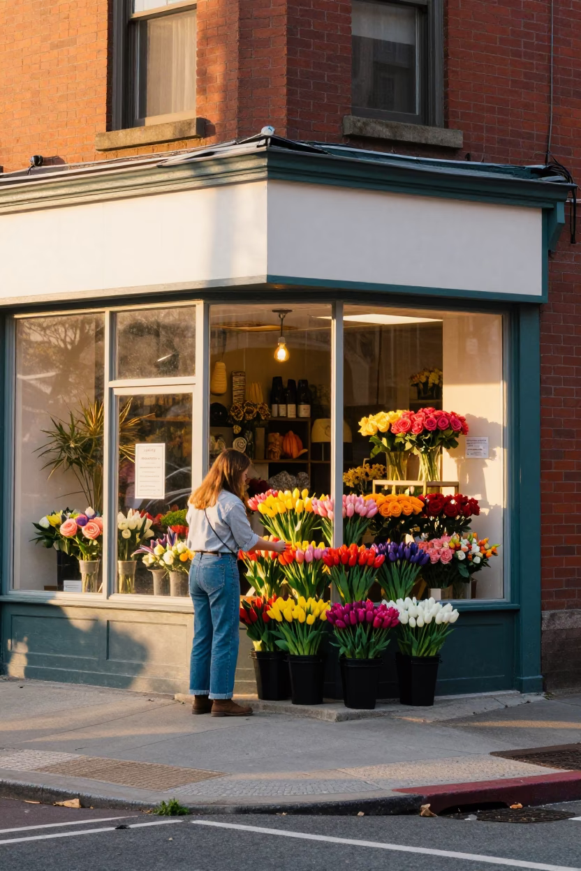 Colorful 1980s Boston Street Scene with Florist Shop and Morning Light in in Boston, Massachusetts, United States