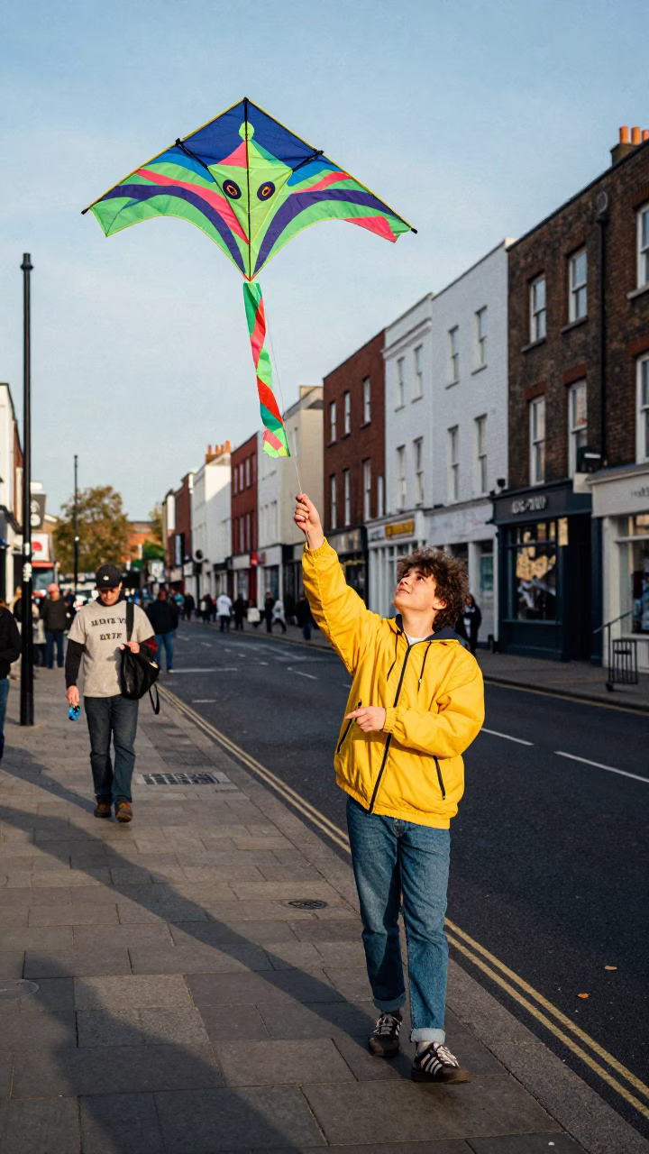 Colorful 1980s Bristol Street Scene with Kite Reel and Ginkgo Tree Leaves in in Bristol, United Kingdom