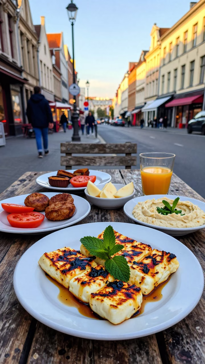 Colorful 1980s Brussels Breakfast Scene with Halloumi and Hummus on Cobblestone Street in in Brussels, Belgium