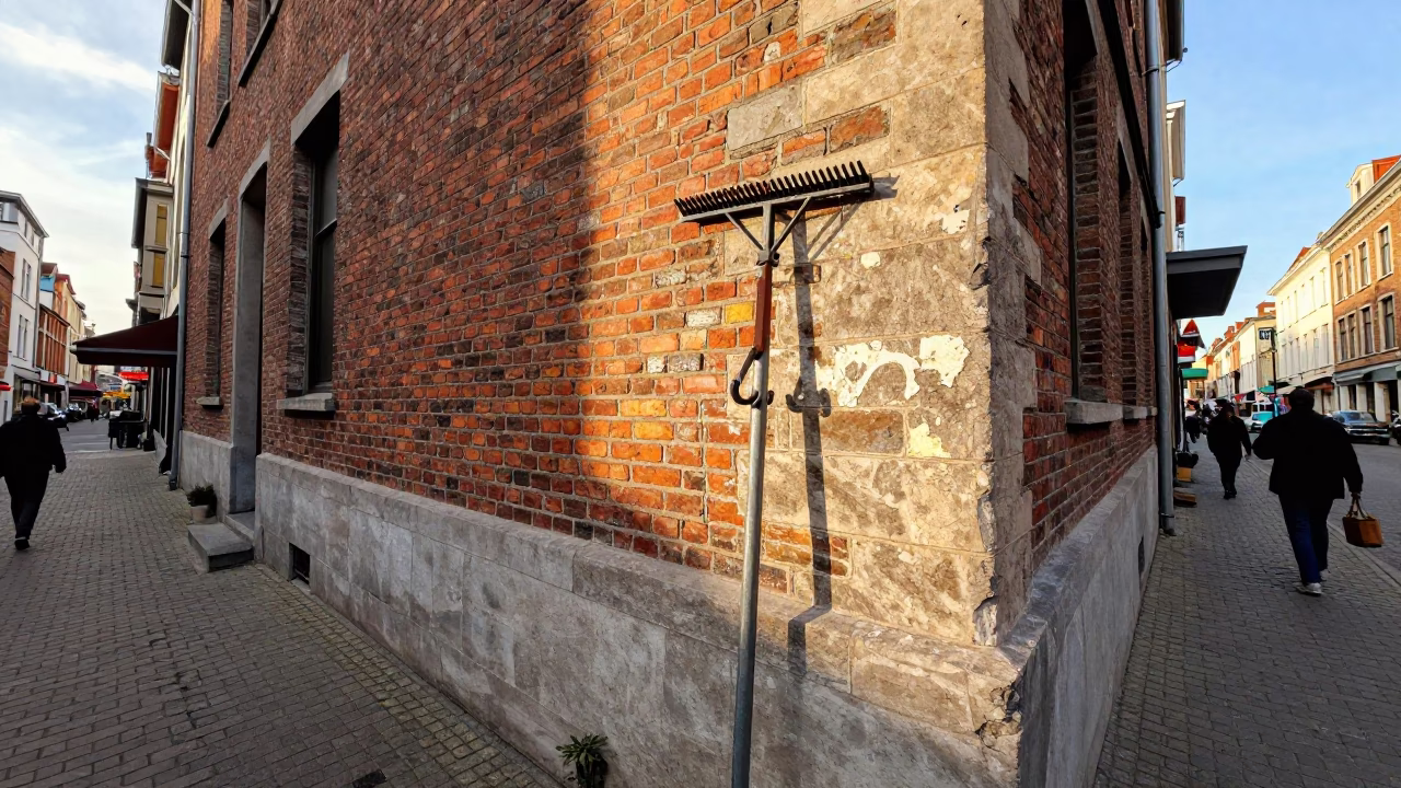 Colorful 1980s Brussels Street Scene with Rake and Wall Hook in Early Afternoon in in Brussels, Belgium