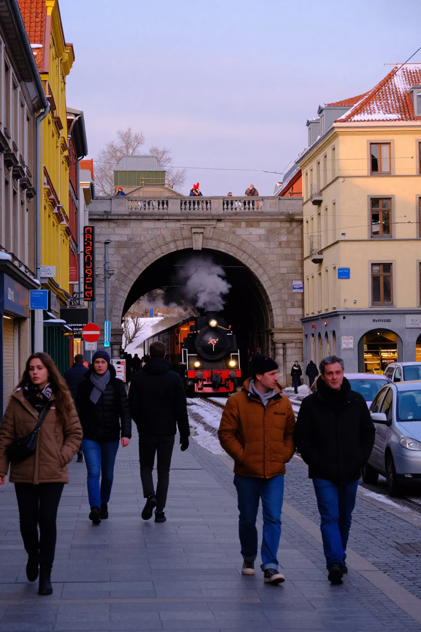 Colorful 1980s Brussels Street Scene with Steam Train Tunnel and Ceramic Bowl in in Brussels, Belgium