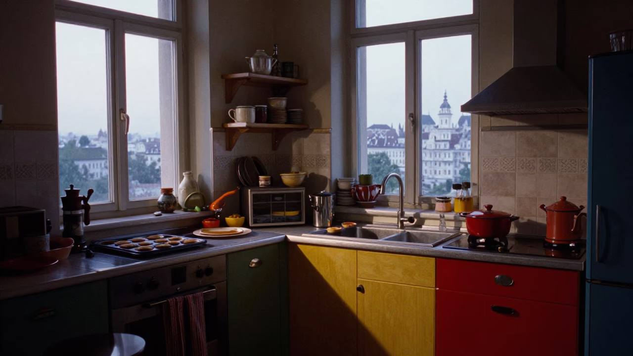Colorful 1980s Budapest Kitchen Scene with Muffin Tins and Bowl Before Dawn in in Budapest, Hungary