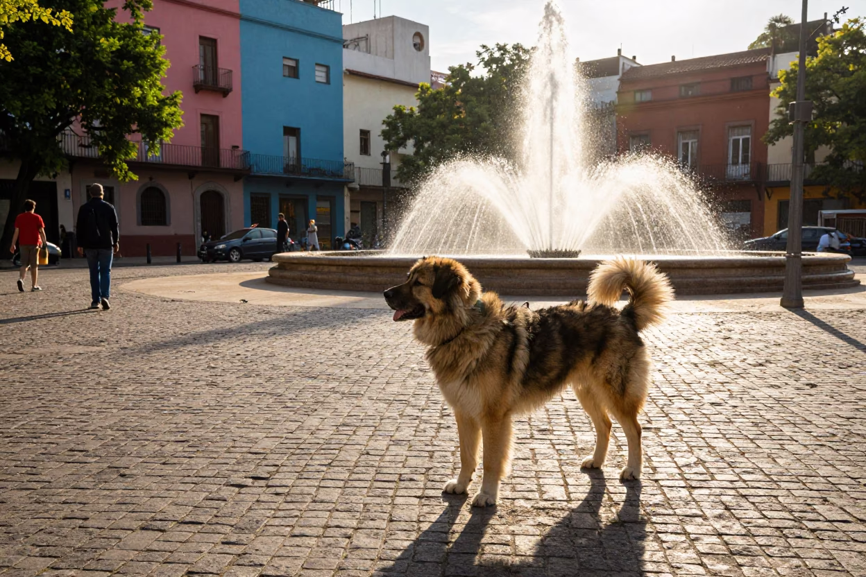 Colorful 1980s Buenos Aires Street Scene with Kuvasz Dog and Fountain Spray at Sunrise in in Buenos Aires, Argentina