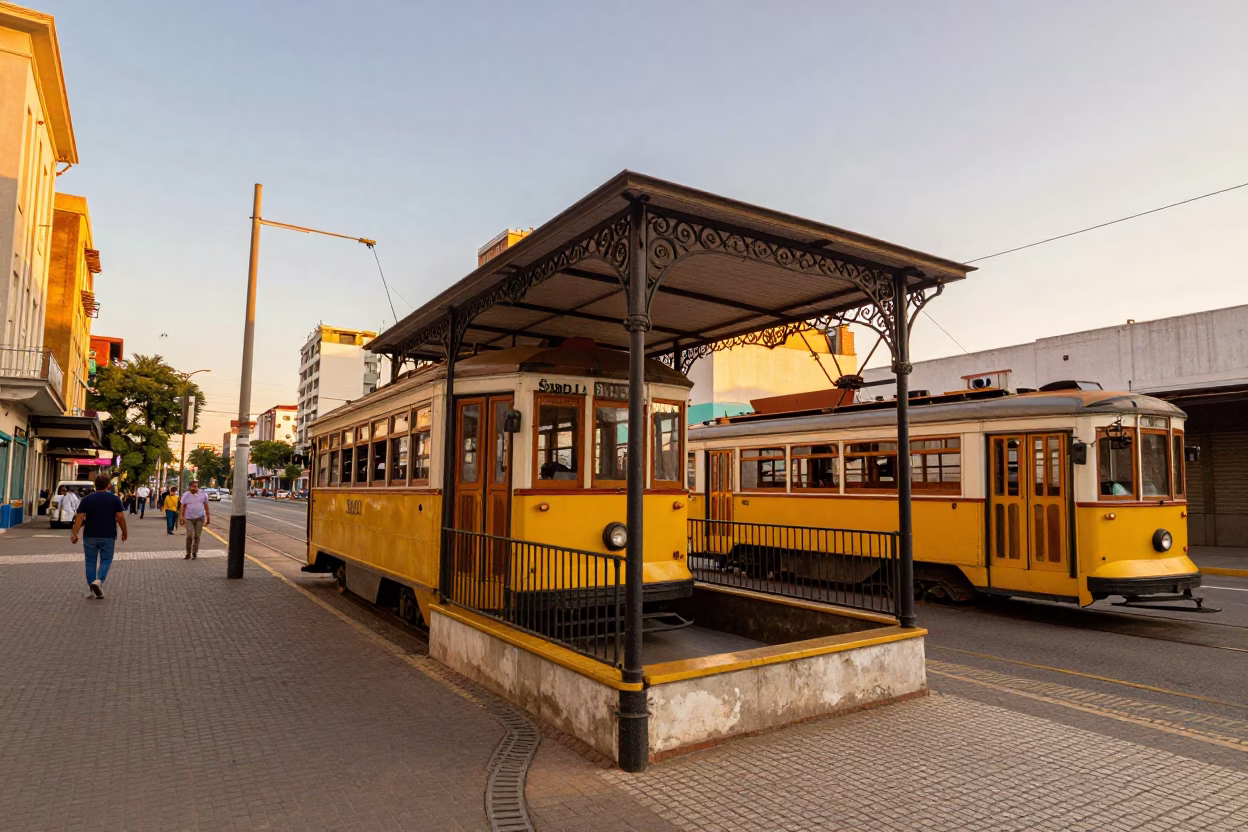 Colorful 1980s Buenos Aires Street Scene with Vintage Trams and Golden Hour Light in in Buenos Aires, Argentina
