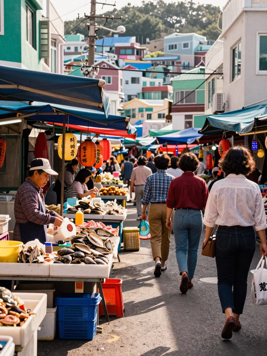Colorful 1980s Busan Street Scene with Sunlight and Local Details in in Busan, South Korea