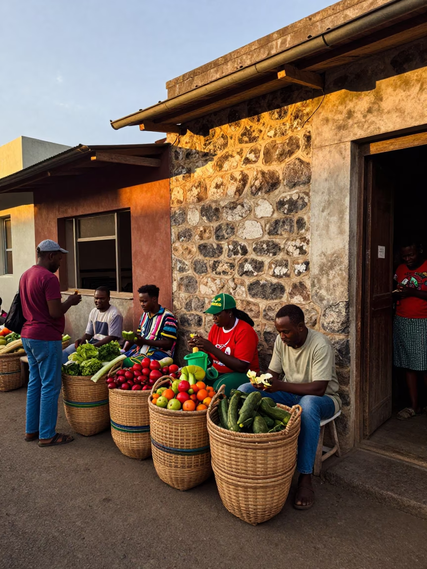 Colorful 1980s Cape Town Street Scene with Woven Baskets and Evening Light in in Cape Town, South Africa