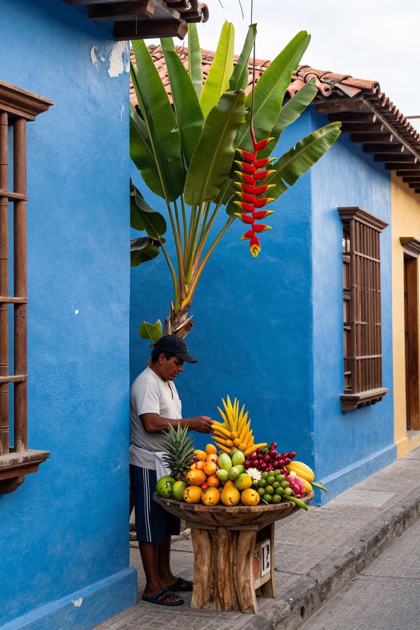 Colorful 1980s Cartagena Street Scene with Heliconia and Fruit Vendor in in Cartagena, Colombia