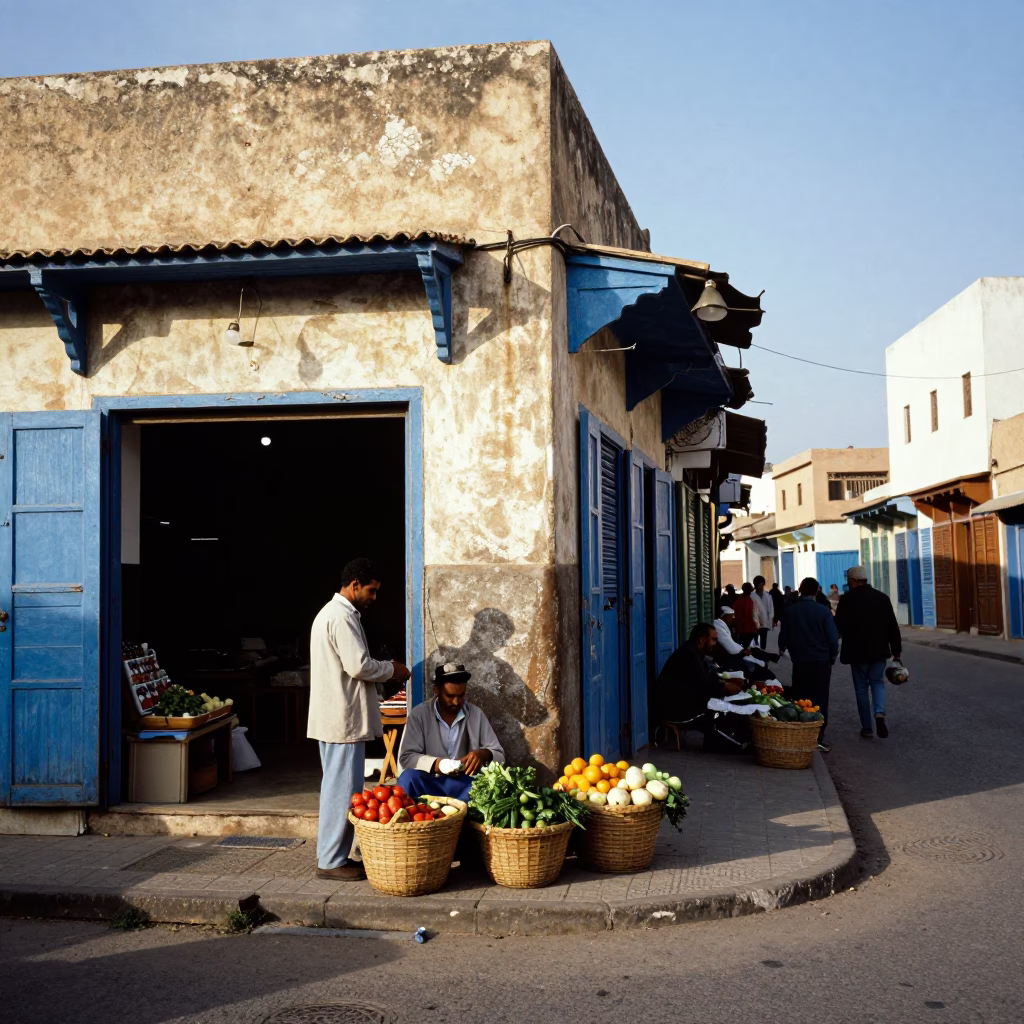 Colorful 1980s Casablanca Street Scene with Basket and Local Life in in Casablanca, Morocco