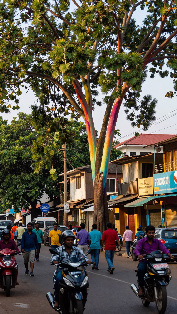 Colorful 1980s Chennai Street Scene with Rainbow Eucalyptus and Traditional Auto Rickshaw in in Chennai, India