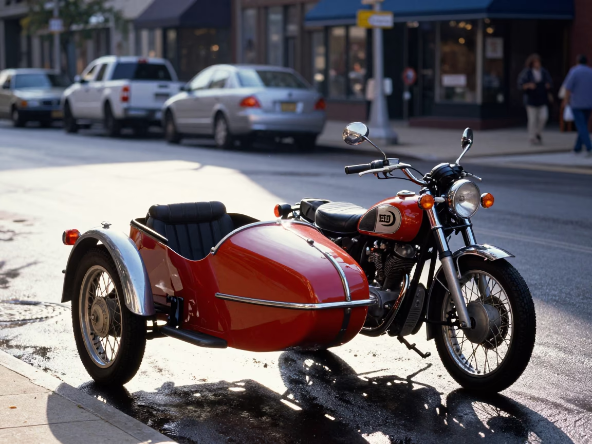 Colorful 1980s Chicago Street Scene with Vintage Motorcycle Sidecar and Urban Morning Light in in Chicago, Illinois, United States