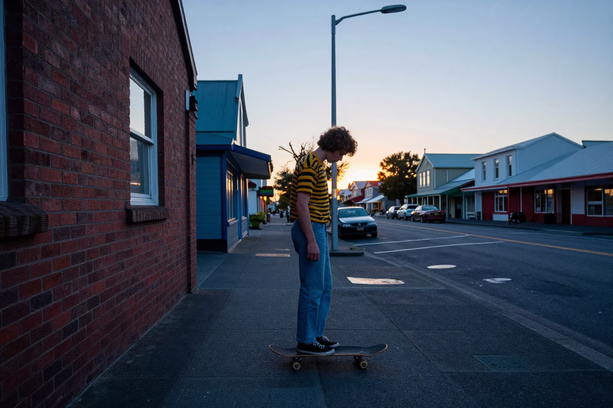 Colorful 1980s Christchurch Street Scene Before Sunrise with Skateboard and Watering Jug in in Christchurch, New Zealand