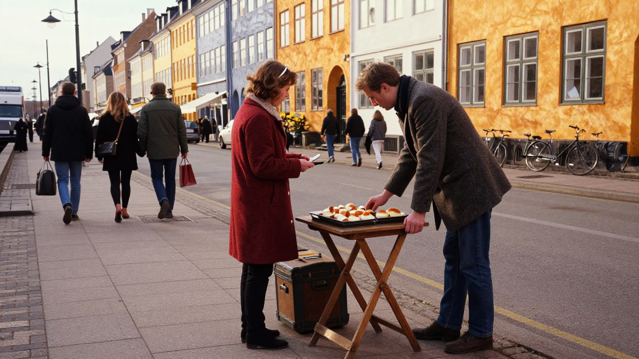 Colorful 1980s Copenhagen Street Scene with Hatbox and Pastry Brush in in Copenhagen, Denmark