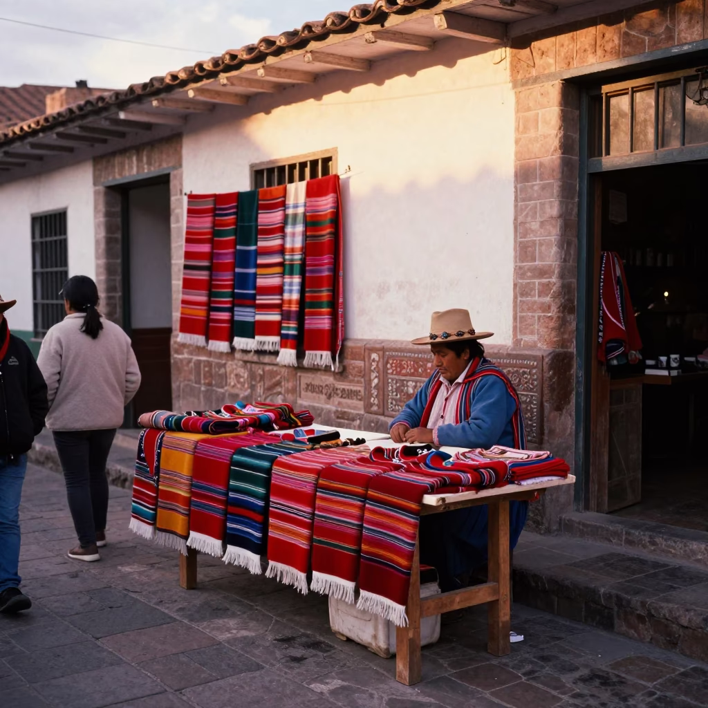 Colorful 1980s Cusco Street Scene with Traditional Textiles and Stone Architecture in in Cusco, Peru