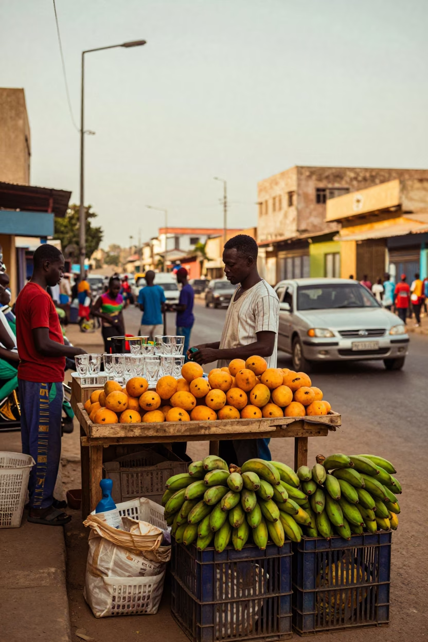 Colorful 1980s Dakar Street Scene with Glass Tumblers and Local Commerce in in Dakar, Senegal