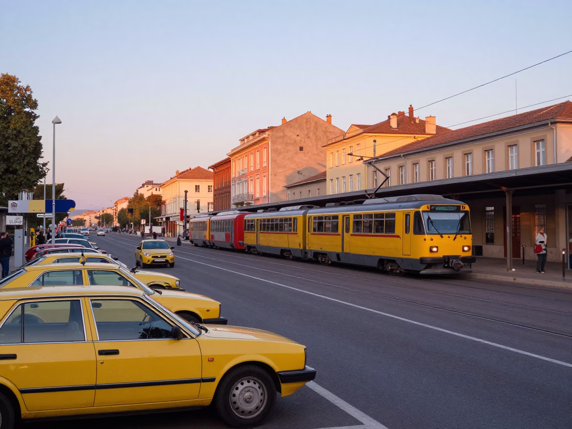 Colorful 1980s Dawn Scene in Nice France with Funicular Railway and Taxi Rank in in Nice, France