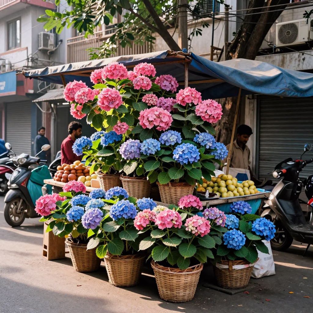 Colorful 1980s Delhi Street Scene with Blue Hydrangeas and Vintage Architecture in in Delhi, India