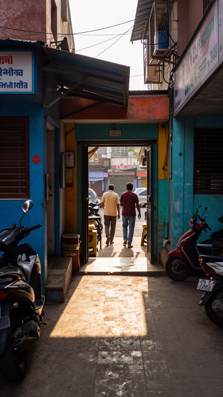 Colorful 1980s Delhi Street Scene with Sunlight and Local Life in in Delhi, India