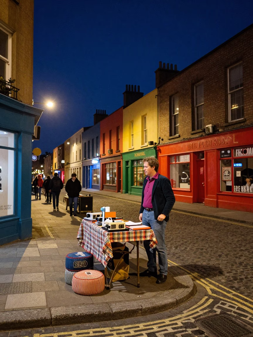 Colorful 1980s Dublin Night Street Scene with Pincushion and Wash Basin Props in in Dublin, Ireland