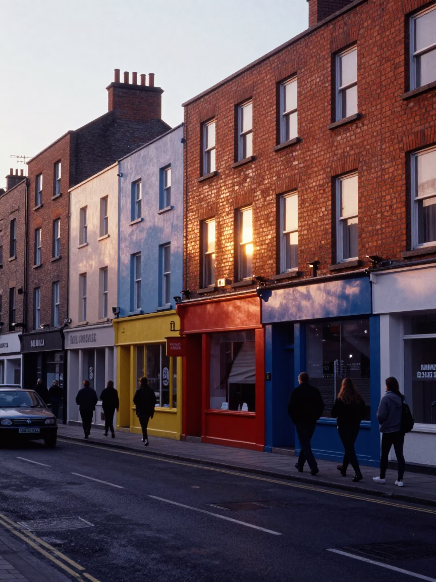 Colorful 1980s Dublin Street Scene Before Sunrise with Vintage Items in in Dublin, Ireland